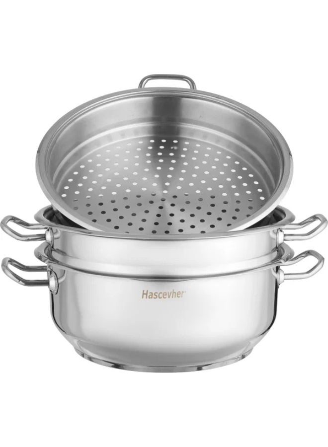 Hascevher Stainless Steel Cookware Set, 28cm, 5 Pieces, Pot, Three Strainers - Silver - Image 4