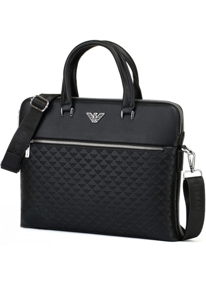 Giorgio Armani Men’s Black Leather Briefcase – Premium Genuine Leather Handbag, Professional Business & Laptop Bag, Elegant Executive Work Bag with Top Handles and Adjustable Shoulder Strap