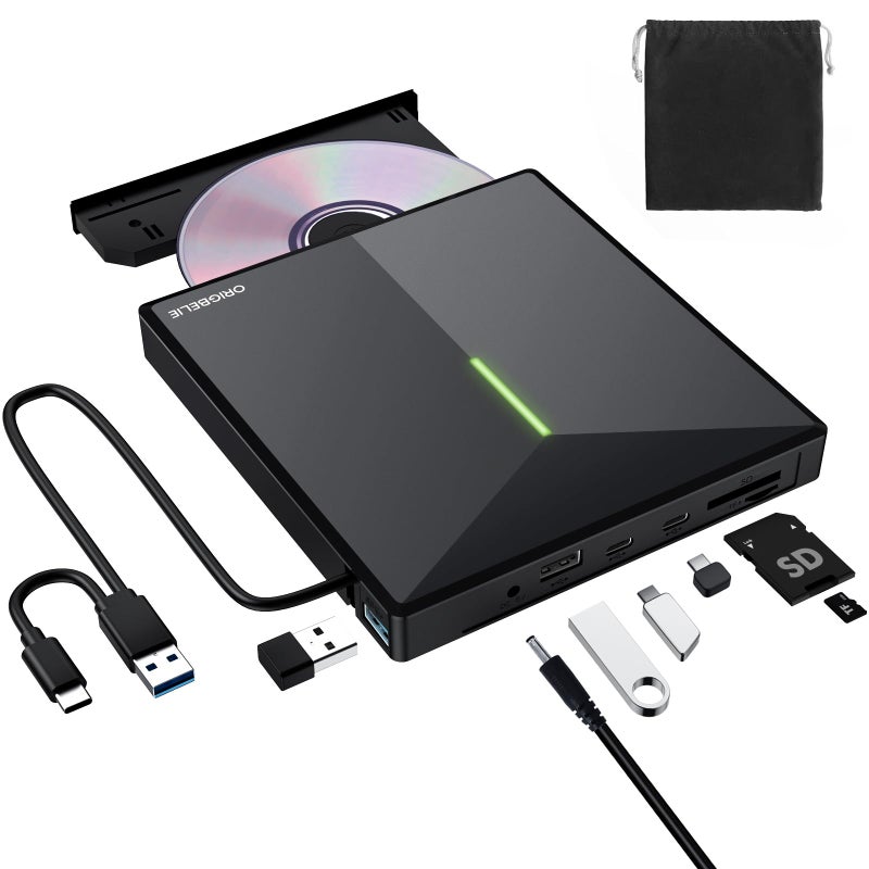 ORIGBELIE External CD/DVD Drive for Laptop, USB 3.0 DVD Player with 4 USB Ports & 2 TF/SD Card Slots, Portable CD/DVD +/-RW Drive Burner Reader Writer for Desktop PC Windows 11/10/8/7 Linux Mac OS - Image 1