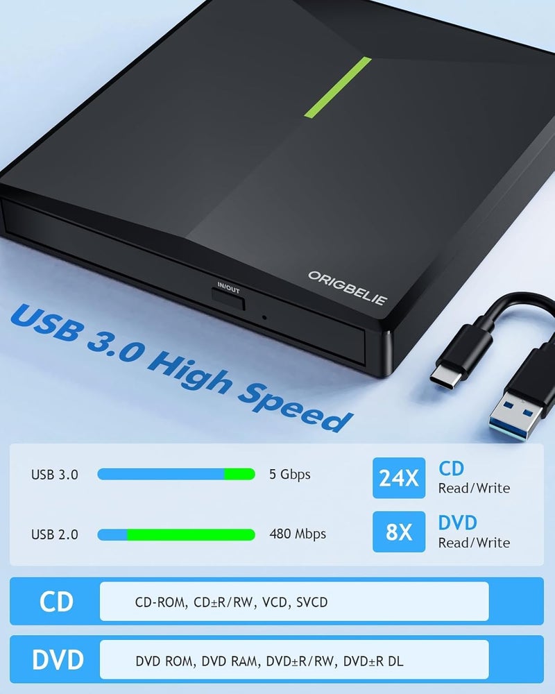 ORIGBELIE External CD/DVD Drive for Laptop, USB 3.0 DVD Player with 4 USB Ports & 2 TF/SD Card Slots, Portable CD/DVD +/-RW Drive Burner Reader Writer for Desktop PC Windows 11/10/8/7 Linux Mac OS - Image 4