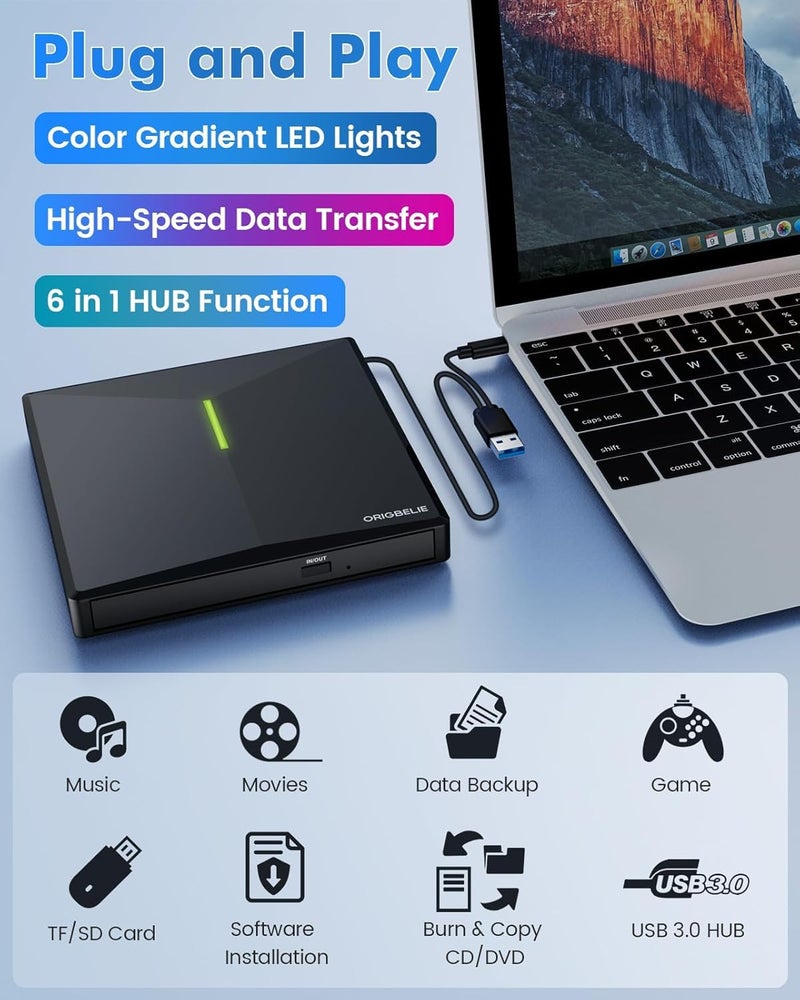 ORIGBELIE External CD/DVD Drive for Laptop, USB 3.0 DVD Player with 4 USB Ports & 2 TF/SD Card Slots, Portable CD/DVD +/-RW Drive Burner Reader Writer for Desktop PC Windows 11/10/8/7 Linux Mac OS - Image 2