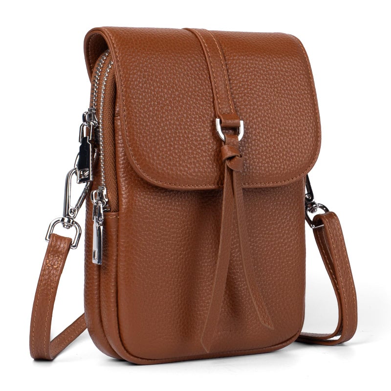 حقائب بيفن الجلدية الأصلية للنساء حقائب كتف جلدية صغيرة للنساء مع فتحات بطاقات مانعة للتداخل بالاتصالات RFID محفظة هاتف خلوية عصرية باللون البني للسفر والاستخدام اليومي باللون البني الكognac