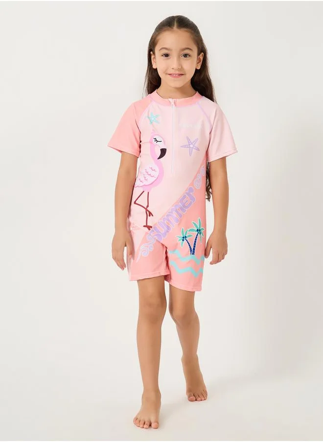 ستايلي Styli Graphic Print Short Sleeve Swimsuit with Underwear