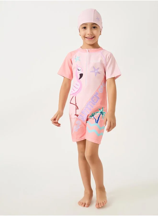 ستايلي Styli Graphic Print Short Sleeve Swimsuit with Underwear