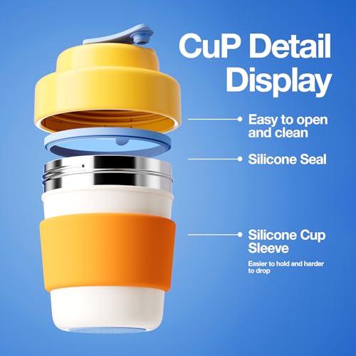 CHAKO LAB Insulated Travel Coffee Mug, Double vacuum wall,Easy to Grip,BPA free,Yellow lid,14 OZ - Image 2