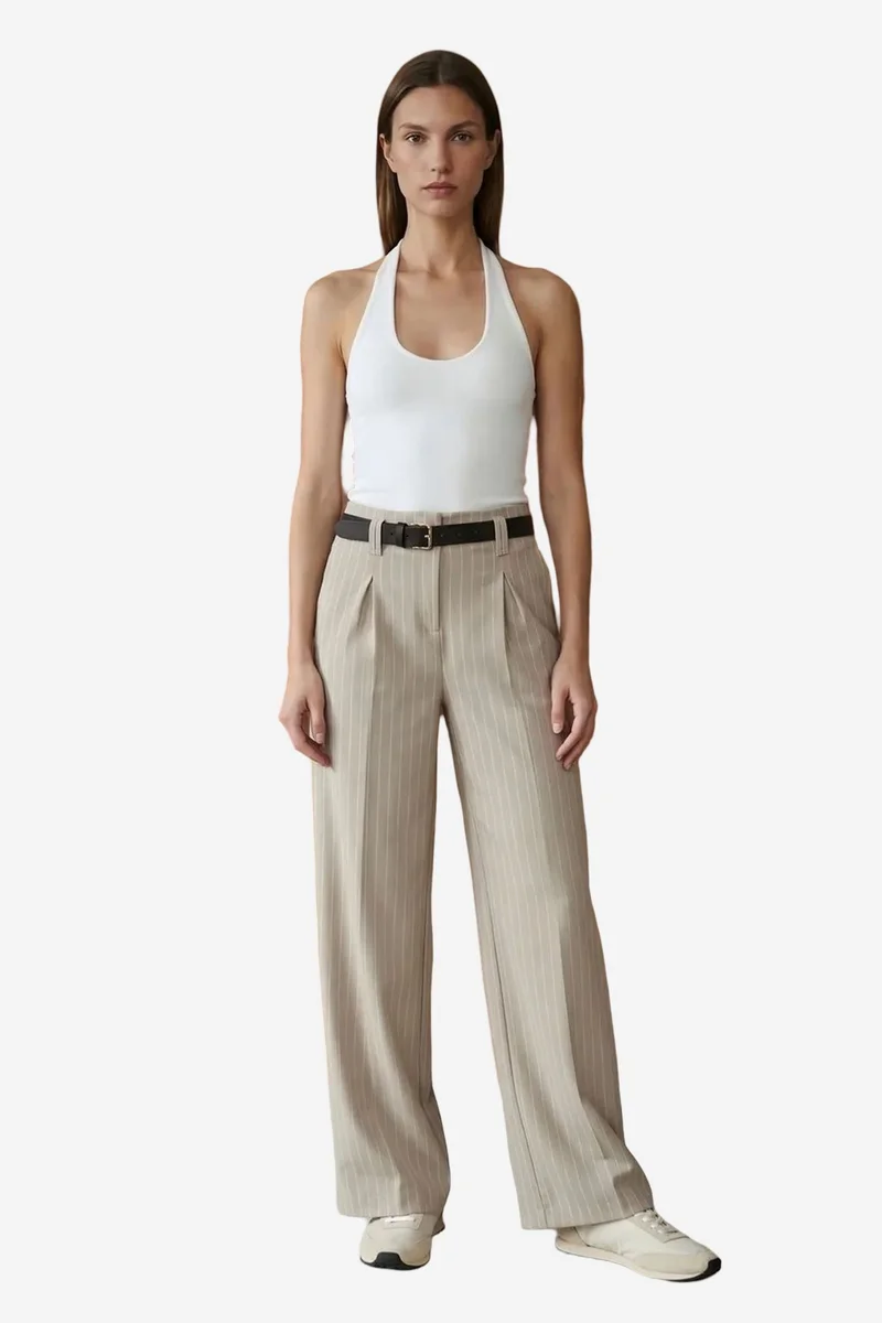 Dilvin Beige Natural DILVIN Striped Wide-Leg Pleated Trousers for Women | Best Price UAE
