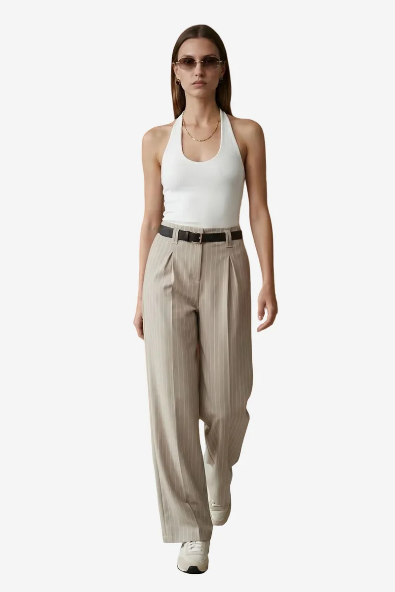 Dilvin Beige Natural DILVIN Striped Wide-Leg Pleated Trousers for Women | Best Price UAE