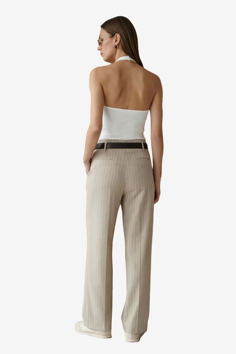 Dilvin Beige Natural DILVIN Striped Wide-Leg Pleated Trousers for Women | Best Price UAE