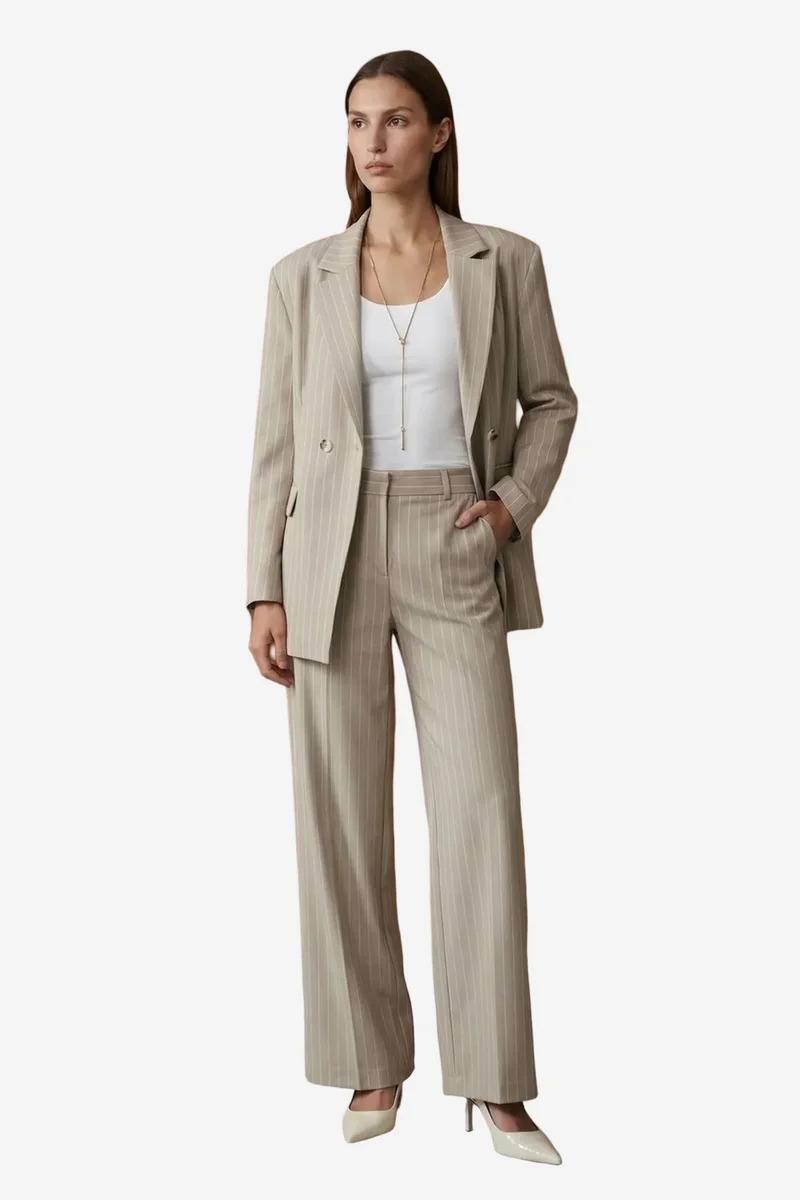 Dilvin Beige Natural DILVIN Striped Wide-Leg Pleated Trousers for Women | Best Price UAE