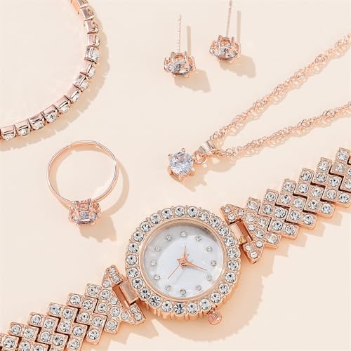 CdyBox Watch Sets Gifts for Women Diamond Bangle Necklace Earrings Ring Watches 5 Pack Dress Jewelry Watch for Female - Image 3