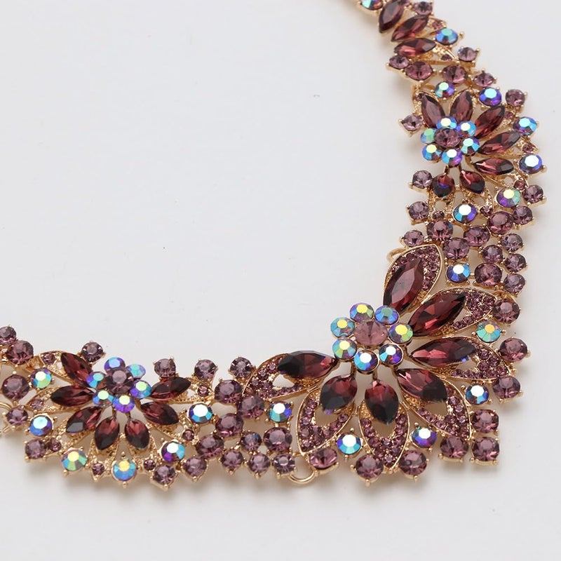 Zthread Women Jewelry Set Rhinestone Crystal Statement Necklace Bride Rib Choker Necklace Floral Beaded Collar Neklcace Cluster Dangle Earrings Set for Wedding Party (Lavender) - Image 5