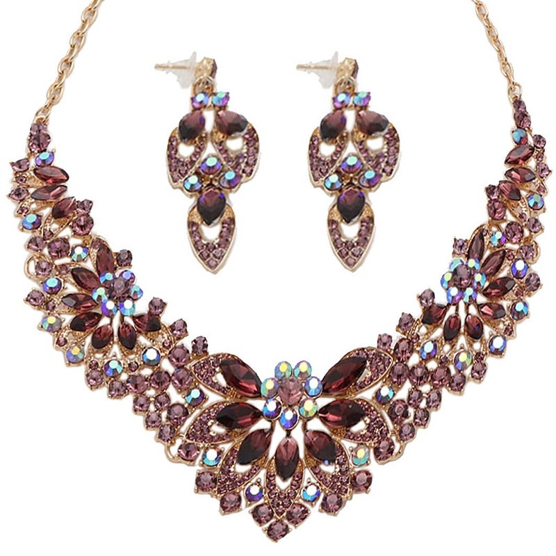 Zthread Women Jewelry Set Rhinestone Crystal Statement Necklace Bride Rib Choker Necklace Floral Beaded Collar Neklcace Cluster Dangle Earrings Set for Wedding Party (Lavender) - Image 1