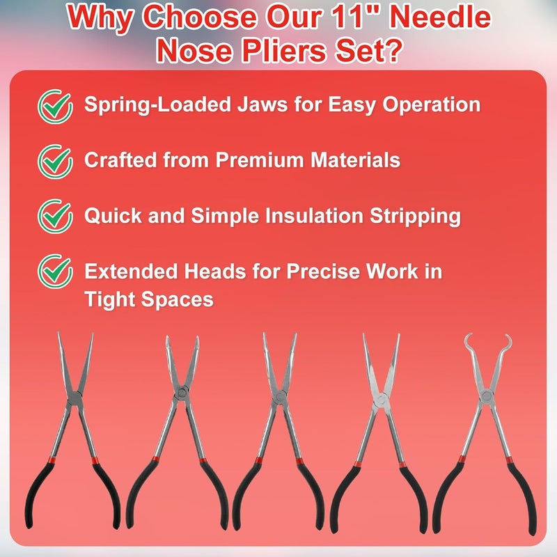 DIRBUY Long Needle Nose Pliers Set, 5 in 1 11 inch Spark Plug Wire Removal Tool - Bent Needle Nose Pliers 90 45 25 Degree - Pointy Nose Pliers - Pinch Nose Pliers for Narrow Spaces and Limited Areas - Image 2