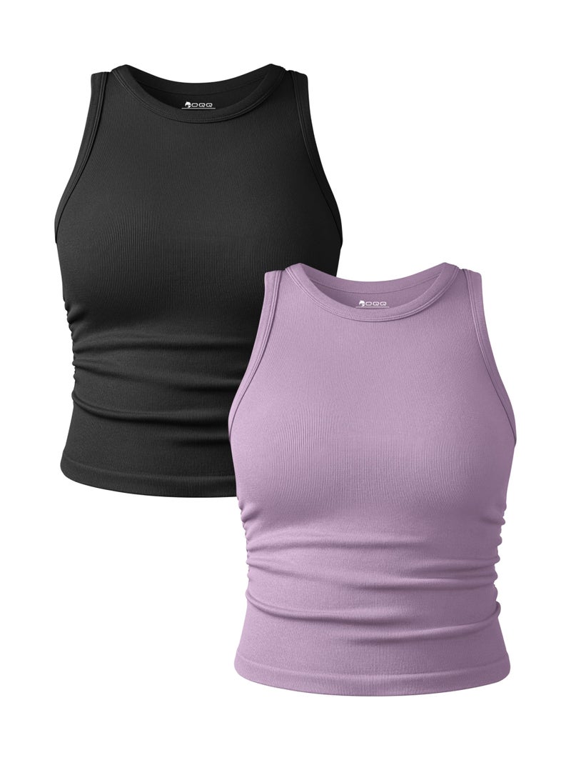 OQQ Women's 2 Piece Tank Tops Crew Neck Sleeveless Basic Stretch Casusal Yoga Crop Camis Black Taro Purple - Image 1