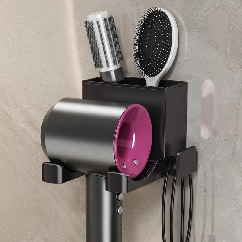 Charming Life Hair Dryer Holder Wall Mounted with Self Adhesive, Mg-Al Alloy Blow Dryer Holder Compatible with Dyson Supersonic, Shark, Hair Dryer Organizer for Bathroom, Vanity, Bedroom (Black) - Image 1
