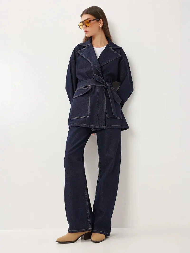 إسطنبول الساحرة ISTANBUL High Waist Denim Two-Piece Coord Set with Jacket & Pants