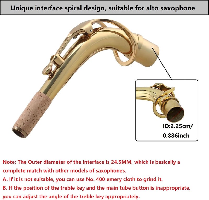TUOREN Brass Saxophone Bend Neck Assembly for Alto Saxophones - 24.5mm Port Diameter - Gold - Image 5