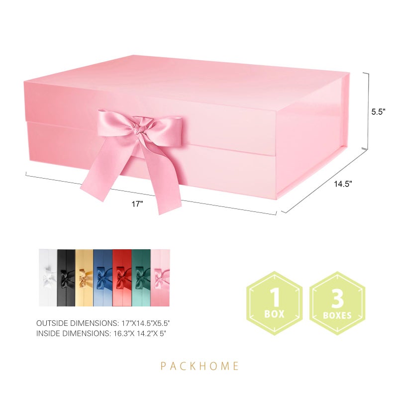 PACKHOME Valentines Day 17x14.5x5.5 Inches, Extra Large Gift Box with Lid, Magnetic Closure Boxes with Ribbon for Clothes and Large Gifts (Glossy Pink) - Image 2