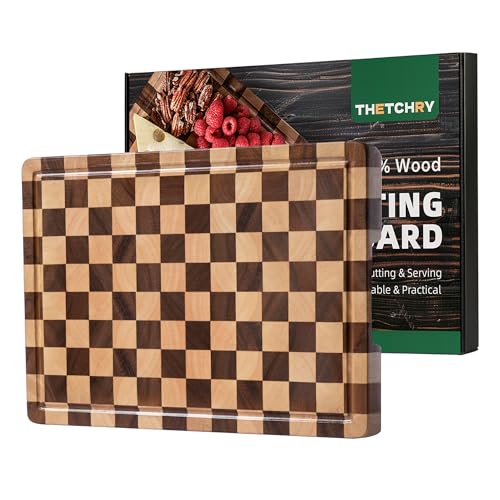 THETCHRY Cutting Boards for Kitchen, Checkered Wood Cutting Board, Walnut Chopping Board with Juice Grooves & Handles, Butcher Block Serving Tray with Gift Box 16.5" x 11.6" x 0.8" - Image 1