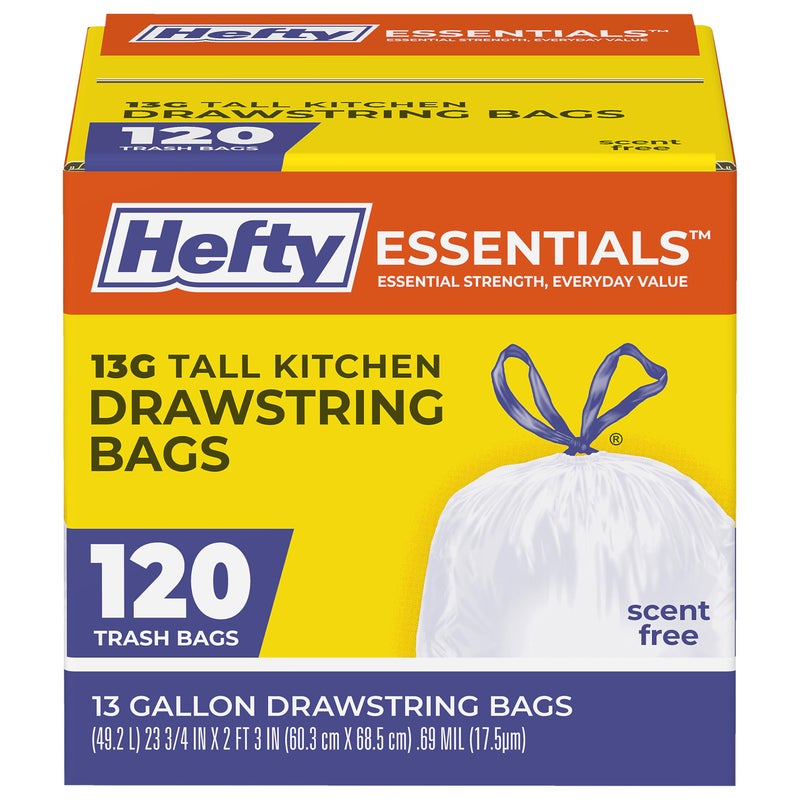 Hefty Essentials Drawstring 13 Gallon Kitchen Trash Bags 120 Count Tall Unscented Trash Bags for Kitchens Home Offices or Laundry Rooms Easy to Tie Lift and Carry White - Image 2