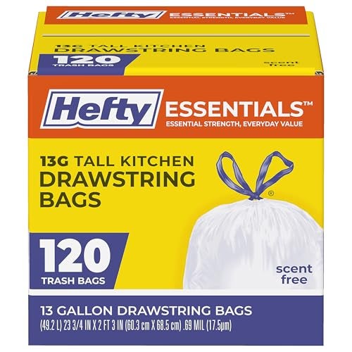 Hefty Essentials Drawstring 13 Gallon Kitchen Trash Bags 120 Count Tall Unscented Trash Bags for Kitchens Home Offices or Laundry Rooms Easy to Tie Lift and Carry White - Image 1