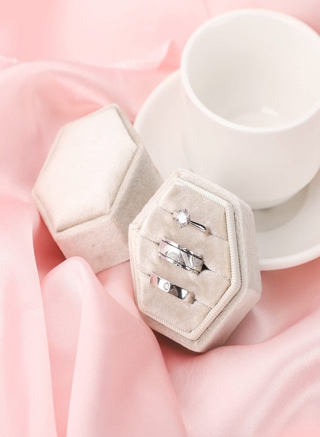 WantGor Velvet Jewelry Ring Box, 3 Slots Hexagon Ring Gift Box Vintage Ring Display Holder Case for Wedding Ceremony Proposal Engagement (Beige, 3 Slots) - Image 4
