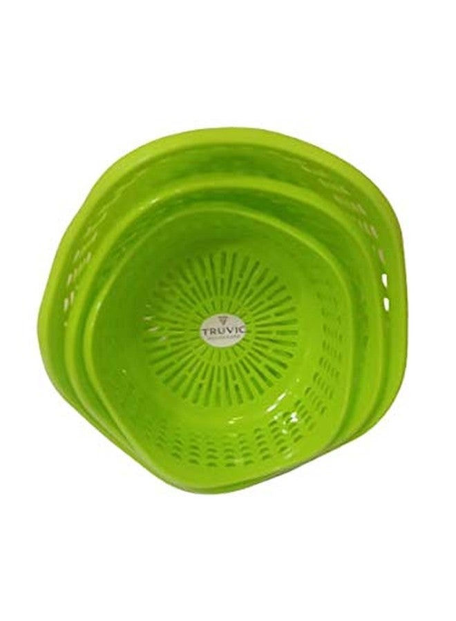 Truvic Plastic Kitchen Storage Basket/Dish Racks Set of 3 Hexagon Shape (Diameter 11 cm, 9 cm, 8 cm & Width 7 cm, Green)