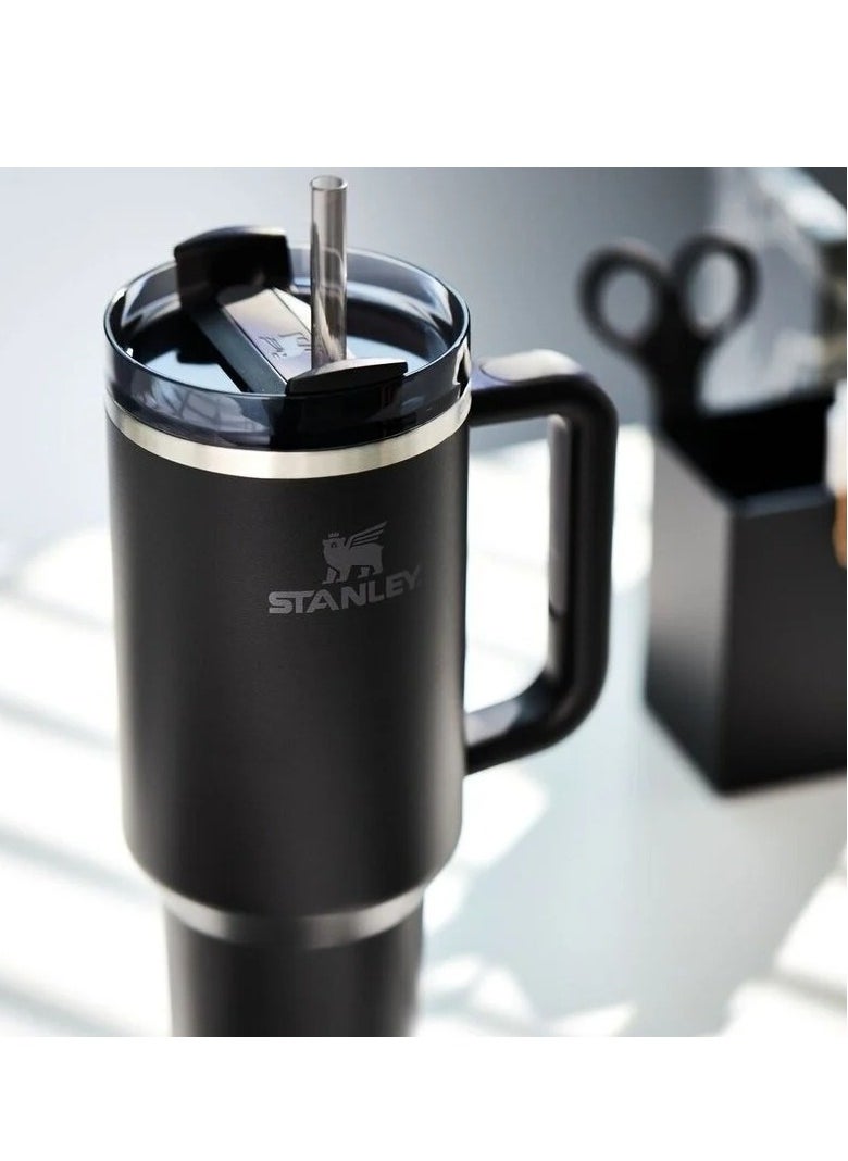 Quencher H2.0 FlowState 40oz Black Stainless Steel Vacuum Insulated Travel Tumbler With Leakproof Lid & Reusable Straw – Double Wall Keeps Drinks Cold 24H & Hot 7H – Durable, Eco-Friendly, Cup Holder Friendly – Perfect for Gym, Commute, Work & Outdoor Use