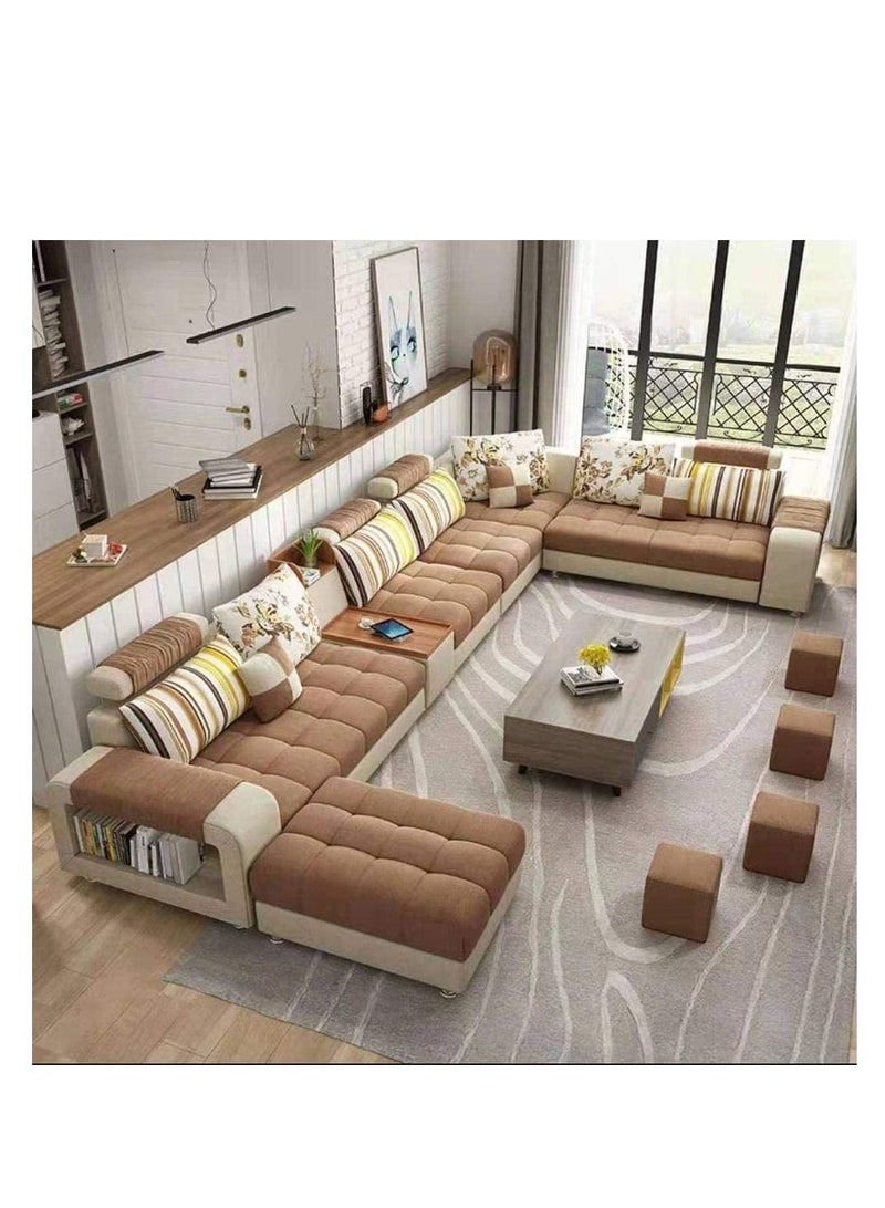 Ripple FURNITURE Living Room Fashion Fabric Combination Set Cafe Hotel Furniture Simple Leisure Sofa L Shape 7 Seater Brown 398X90X85 - Image 1