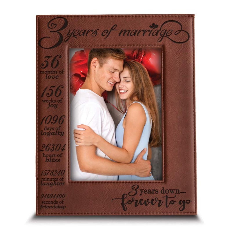 BELLA BUSTA- 3 Years of Marriage-3 years Down Forever to go-Engraved Leather Picture Frame - Image 1