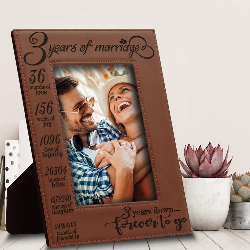 BELLA BUSTA- 3 Years of Marriage-3 years Down Forever to go-Engraved Leather Picture Frame - Image 2