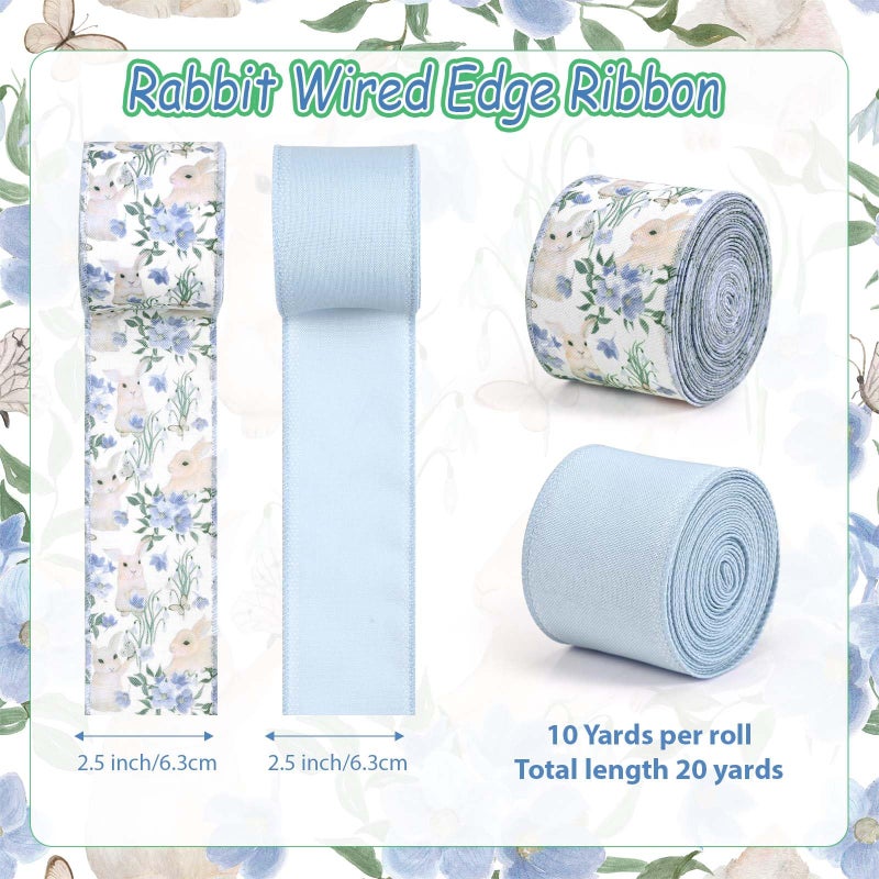 Sanixin 2 Rolls Blue Easter Wired Edge Ribbon Watercolor Flowers Bunny Patterned Fabric Ribbon for Spring Holidays Easter Party for Gift Wrapping Bow Wreath Making Craft Supplies - Image 2