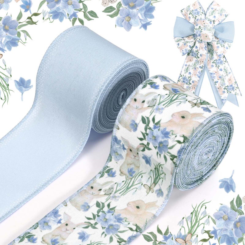 Sanixin 2 Rolls Blue Easter Wired Edge Ribbon Watercolor Flowers Bunny Patterned Fabric Ribbon for Spring Holidays Easter Party for Gift Wrapping Bow Wreath Making Craft Supplies - Image 1