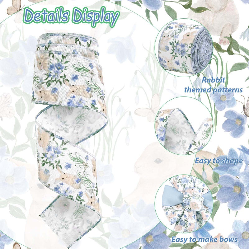 Sanixin 2 Rolls Blue Easter Wired Edge Ribbon Watercolor Flowers Bunny Patterned Fabric Ribbon for Spring Holidays Easter Party for Gift Wrapping Bow Wreath Making Craft Supplies - Image 3