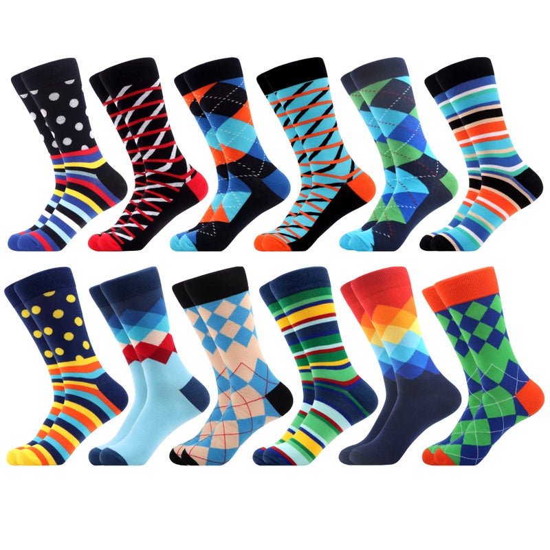 WeciBor Men's Dress Colorful Funny Fancy Cool Cotton Crew Socks, 12 Pack Multicolor Geometric, Size 10-13 - Image 1