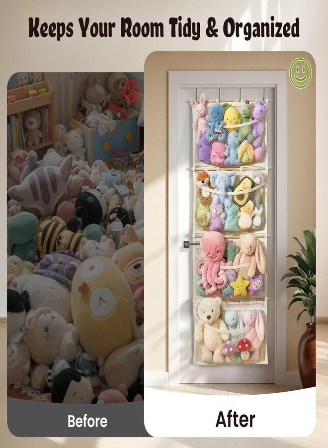 POIKSHARK Over Door Large-Capacity Stuffed Animal Storage with Metal Hook & Wooden Stick, Hanging Plush Animal Bear Doll Toy Organizer Net Hammock Behind Door, Boho Nursery Dorm Bedroom Decor for Girl Boy Kid - Image 5