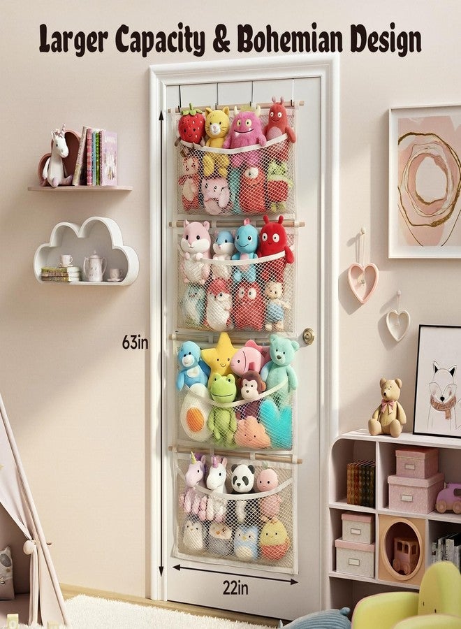 POIKSHARK Over Door Large-Capacity Stuffed Animal Storage with Metal Hook & Wooden Stick, Hanging Plush Animal Bear Doll Toy Organizer Net Hammock Behind Door, Boho Nursery Dorm Bedroom Decor for Girl Boy Kid - Image 2