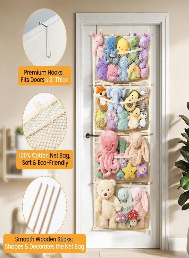POIKSHARK Over Door Large-Capacity Stuffed Animal Storage with Metal Hook & Wooden Stick, Hanging Plush Animal Bear Doll Toy Organizer Net Hammock Behind Door, Boho Nursery Dorm Bedroom Decor for Girl Boy Kid - Image 3