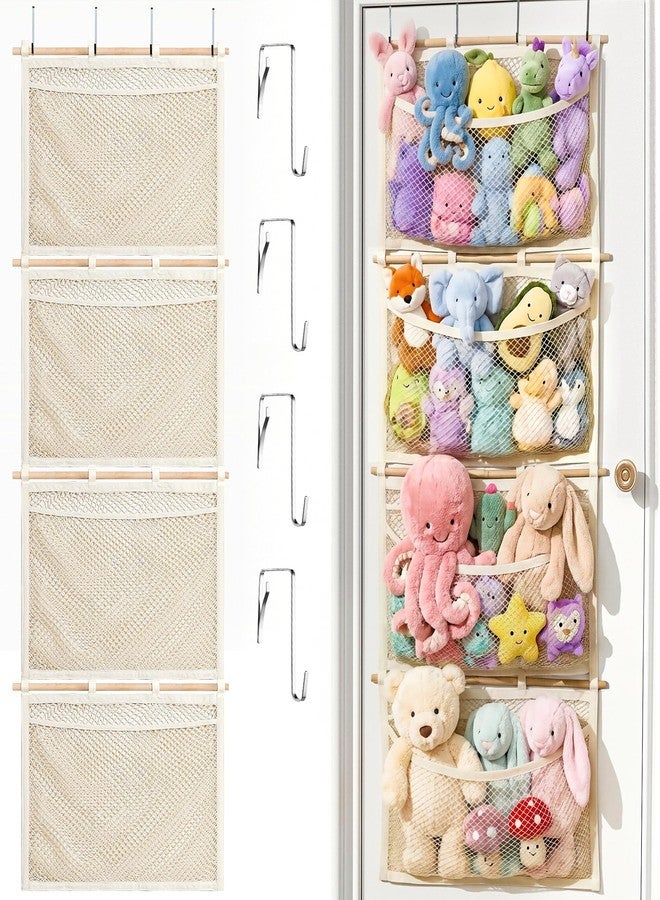 POIKSHARK Over Door Large-Capacity Stuffed Animal Storage with Metal Hook & Wooden Stick, Hanging Plush Animal Bear Doll Toy Organizer Net Hammock Behind Door, Boho Nursery Dorm Bedroom Decor for Girl Boy Kid - Image 1