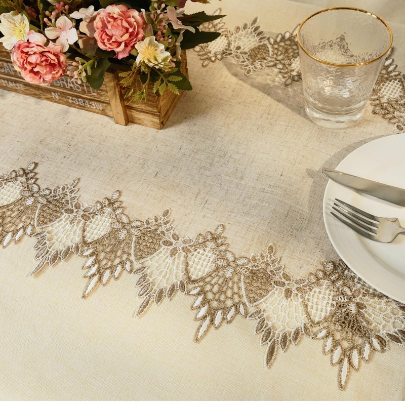 Phantomon Neutral Linen Table Runner 36 Inches Beige Embroidered Runner Lace Centerpiece for Dresser Tops, Dining Tables, Coffe Table and Home Decorations for Farmerhouse (Beige, 16 X 36 Inch) - Image 3