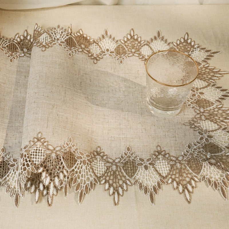 Phantomon Neutral Linen Table Runner 36 Inches Beige Embroidered Runner Lace Centerpiece for Dresser Tops, Dining Tables, Coffe Table and Home Decorations for Farmerhouse (Beige, 16 X 36 Inch) - Image 4