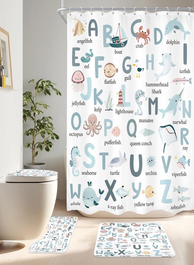 Cinbloo 4Pcs Kids Shower Curtain Set, Cute Cartoon Alphabet ABC Sea Animal Blue Educational Lovely Ocean Bathroom Curtain with Rug, Toilet Lid Cover, Bath Mat, Sealife Shower Curtain with 12 Hooks - Image 1