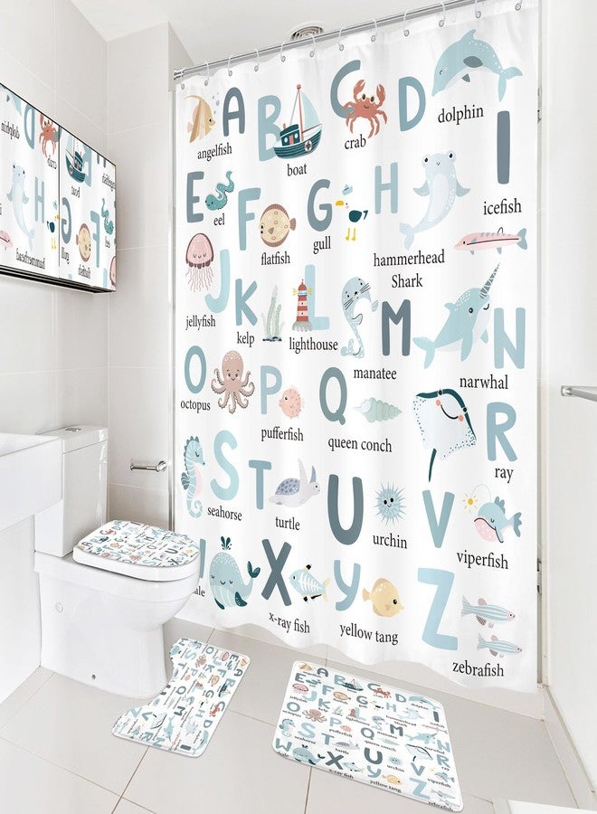 Cinbloo 4Pcs Kids Shower Curtain Set, Cute Cartoon Alphabet ABC Sea Animal Blue Educational Lovely Ocean Bathroom Curtain with Rug, Toilet Lid Cover, Bath Mat, Sealife Shower Curtain with 12 Hooks - Image 3