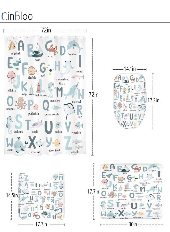 Cinbloo 4Pcs Kids Shower Curtain Set, Cute Cartoon Alphabet ABC Sea Animal Blue Educational Lovely Ocean Bathroom Curtain with Rug, Toilet Lid Cover, Bath Mat, Sealife Shower Curtain with 12 Hooks - Image 4
