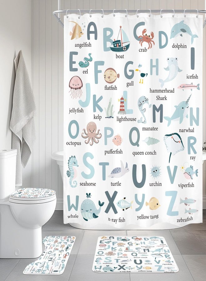 Cinbloo 4Pcs Kids Shower Curtain Set, Cute Cartoon Alphabet ABC Sea Animal Blue Educational Lovely Ocean Bathroom Curtain with Rug, Toilet Lid Cover, Bath Mat, Sealife Shower Curtain with 12 Hooks - Image 2