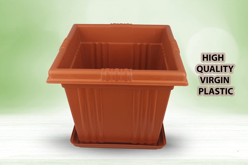 Halsey Square Flower Pots for Indoor/Outdoor/Living Room/Bedroom Balcony Pack of 4 Modern Design Durable Plastic Plant Pot for Gardening with Plates, X-Large, Brown - Image 4