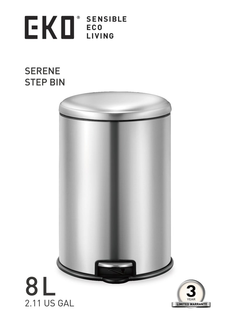 EKO 8L Pedal Bin Serene - Silver | Compact Step Round Bin with Soft-Close Lid | Fingerprint-Resistant Finish | Removable Inner Liner | Bag Stabilizer