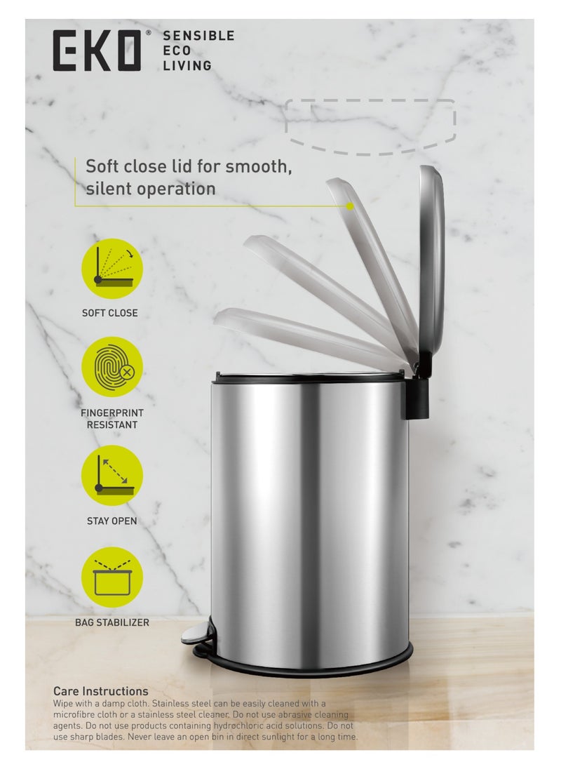 EKO 8L Pedal Bin Serene - Silver | Compact Step Round Bin with Soft-Close Lid | Fingerprint-Resistant Finish | Removable Inner Liner | Bag Stabilizer