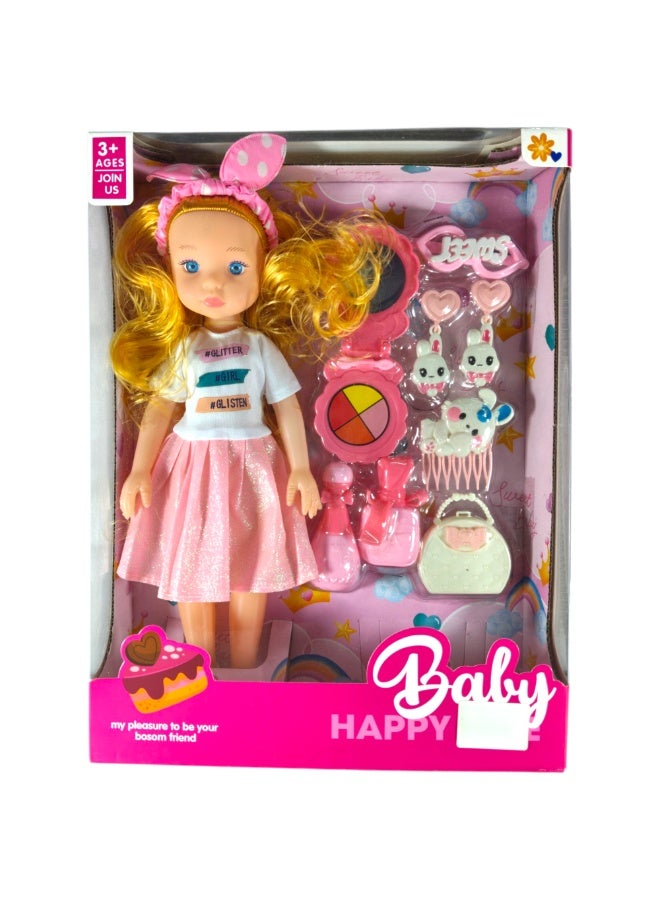 عام دمية Baby Happy مع إكسسوارات، شعر أشقر مجعد، فستان وردي لامع، مع أدوات مطبخ وحقيبة وأرانب، للأطفال 3 سنوات فأكثر - Image 1