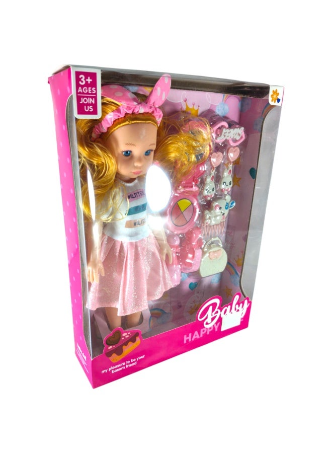 عام دمية Baby Happy مع إكسسوارات، شعر أشقر مجعد، فستان وردي لامع، مع أدوات مطبخ وحقيبة وأرانب، للأطفال 3 سنوات فأكثر - Image 2